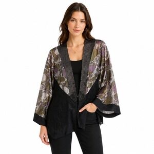 Violet Kay Kimono Women S Black Open Front Mixed Media Silk Blend Metallic